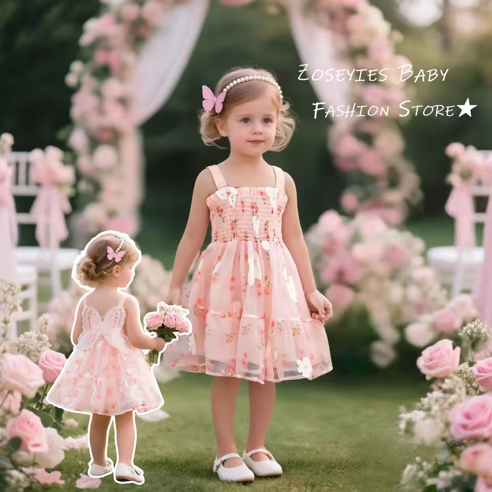 Baby Girl Dress Summer Full Print Rose Mesh Strapless Baby Dress Cute Wedding Flower Girl Dress Baby Girl Clothes