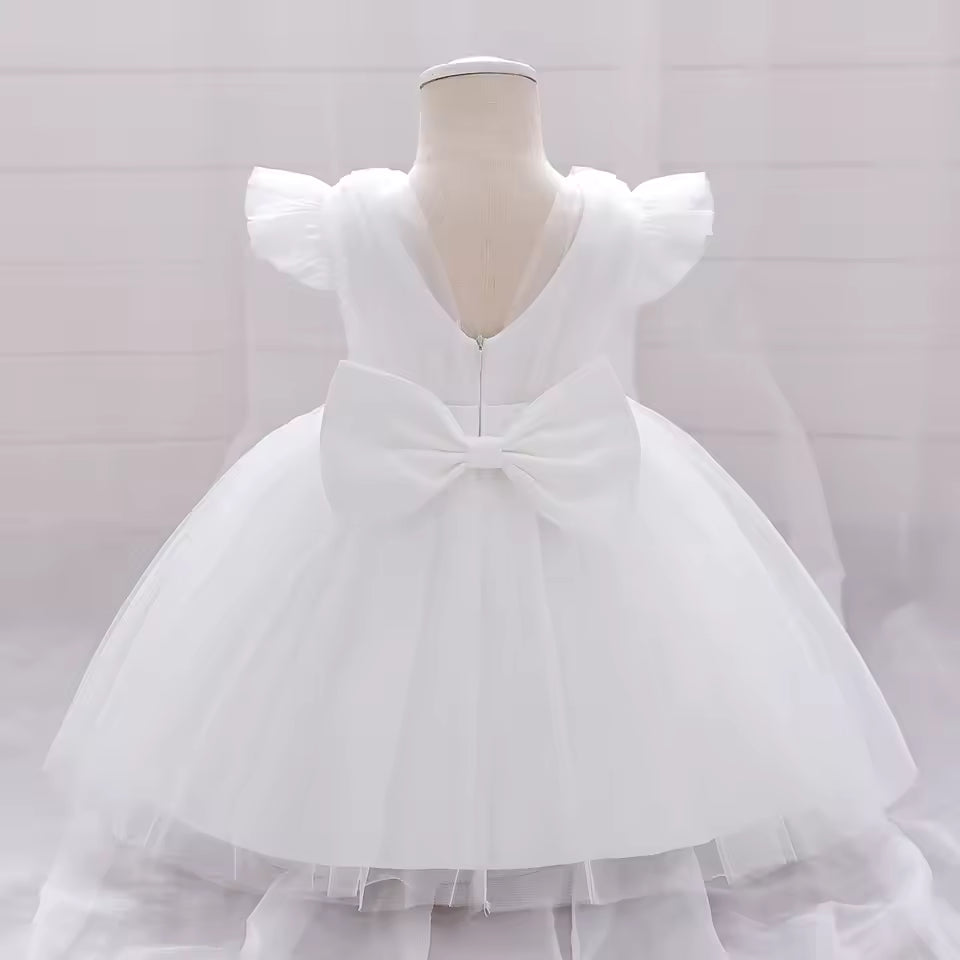 White Baptism Baby Girls Party Dress Fly Sleeves Toddler Bow 1st Birthday Princess Dresses First Communion Wedding Kids Clothing