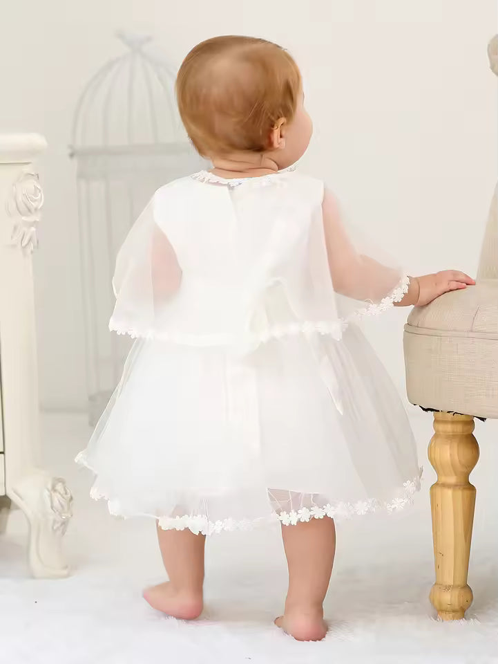 Sleeveless Hood Cloak Soft Satin Floral Embroidered Lace Wedding Party Princess Baby Dress Set