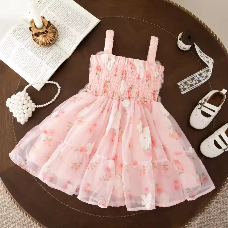 Baby Girl Dress Summer Full Print Rose Mesh Strapless Baby Dress Cute Wedding Flower Girl Dress Baby Girl Clothes