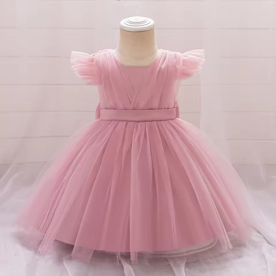White Baptism Baby Girls Party Dress Fly Sleeves Toddler Bow 1st Birthday Princess Dresses First Communion Wedding Kids Clothing