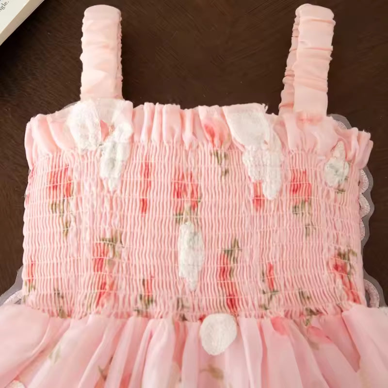 Baby Girl Dress Summer Full Print Rose Mesh Strapless Baby Dress Cute Wedding Flower Girl Dress Baby Girl Clothes