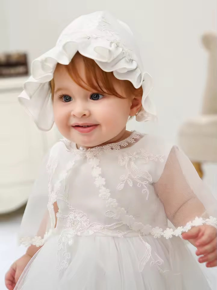 Sleeveless Hood Cloak Soft Satin Floral Embroidered Lace Wedding Party Princess Baby Dress Set