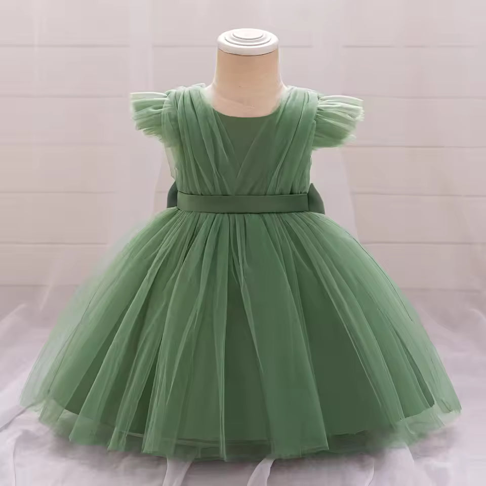 White Baptism Baby Girls Party Dress Fly Sleeves Toddler Bow 1st Birthday Princess Dresses First Communion Wedding Kids Clothing