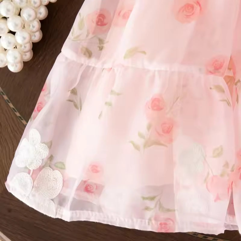 Baby Girl Dress Summer Full Print Rose Mesh Strapless Baby Dress Cute Wedding Flower Girl Dress Baby Girl Clothes