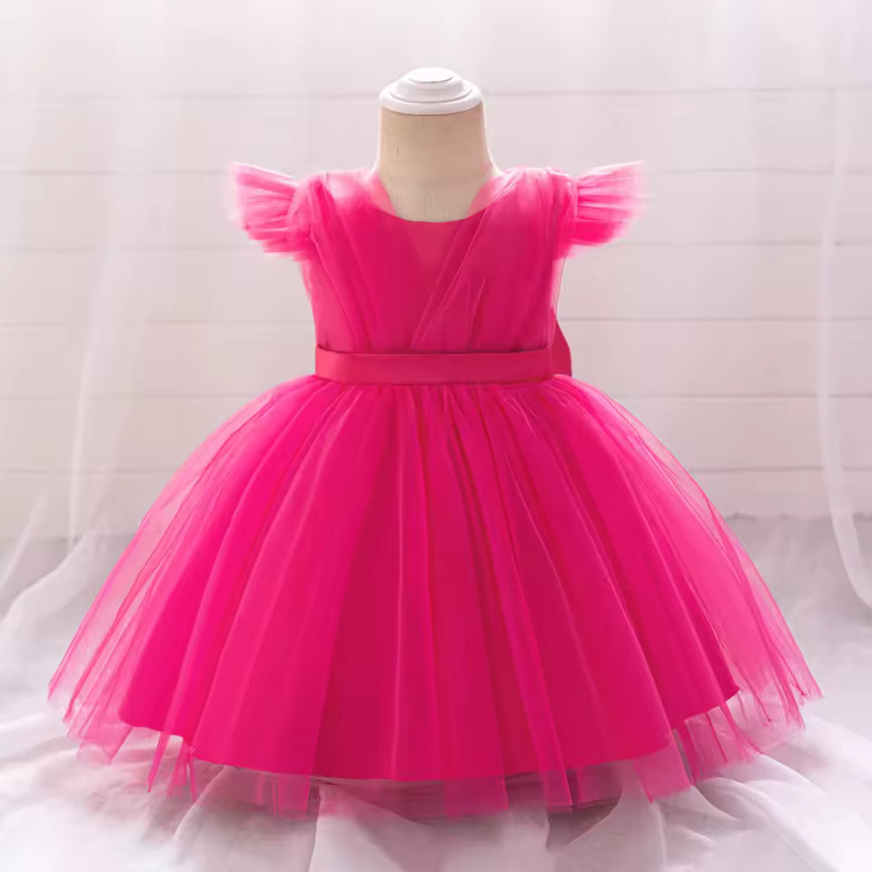 White Baptism Baby Girls Party Dress Fly Sleeves Toddler Bow 1st Birthday Princess Dresses First Communion Wedding Kids Clothing