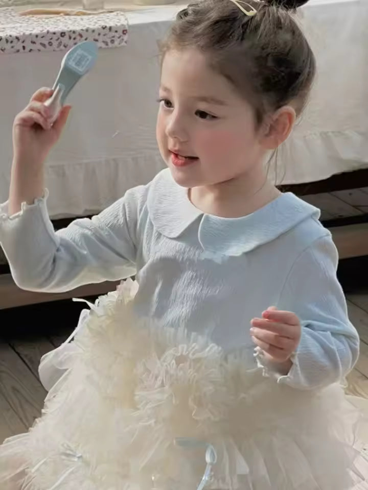 Baby Girls Autumn Dress New Mesh Splicing Bowknot Kids Baby Girls Dress Peter Pan Collar Long Sleeves Toddler Girls Puffy Dress