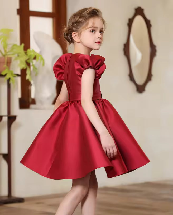 Sweet Girls Red Evening Party Dress Princess Kids Wedding Photograph Dress Little Fairy Children Formal Gown Stage Show Costume