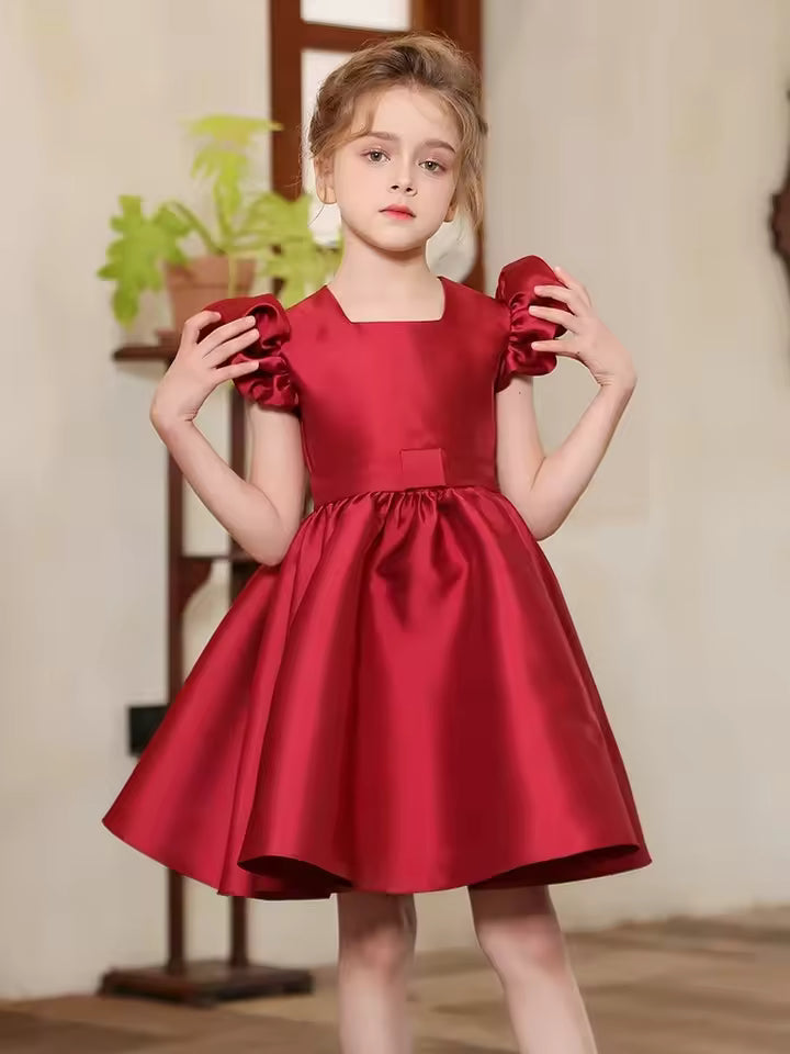 Sweet Girls Red Evening Party Dress Princess Kids Wedding Photograph Dress Little Fairy Children Formal Gown Stage Show Costume