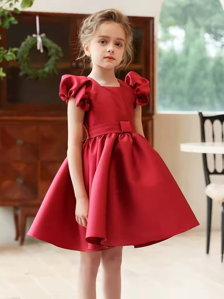 Sweet Girls Red Evening Party Dress Princess Kids Wedding Photograph Dress Little Fairy Children Formal Gown Stage Show Costume