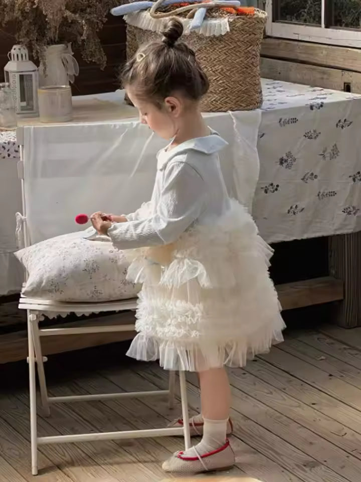 Baby Girls Autumn Dress New Mesh Splicing Bowknot Kids Baby Girls Dress Peter Pan Collar Long Sleeves Toddler Girls Puffy Dress