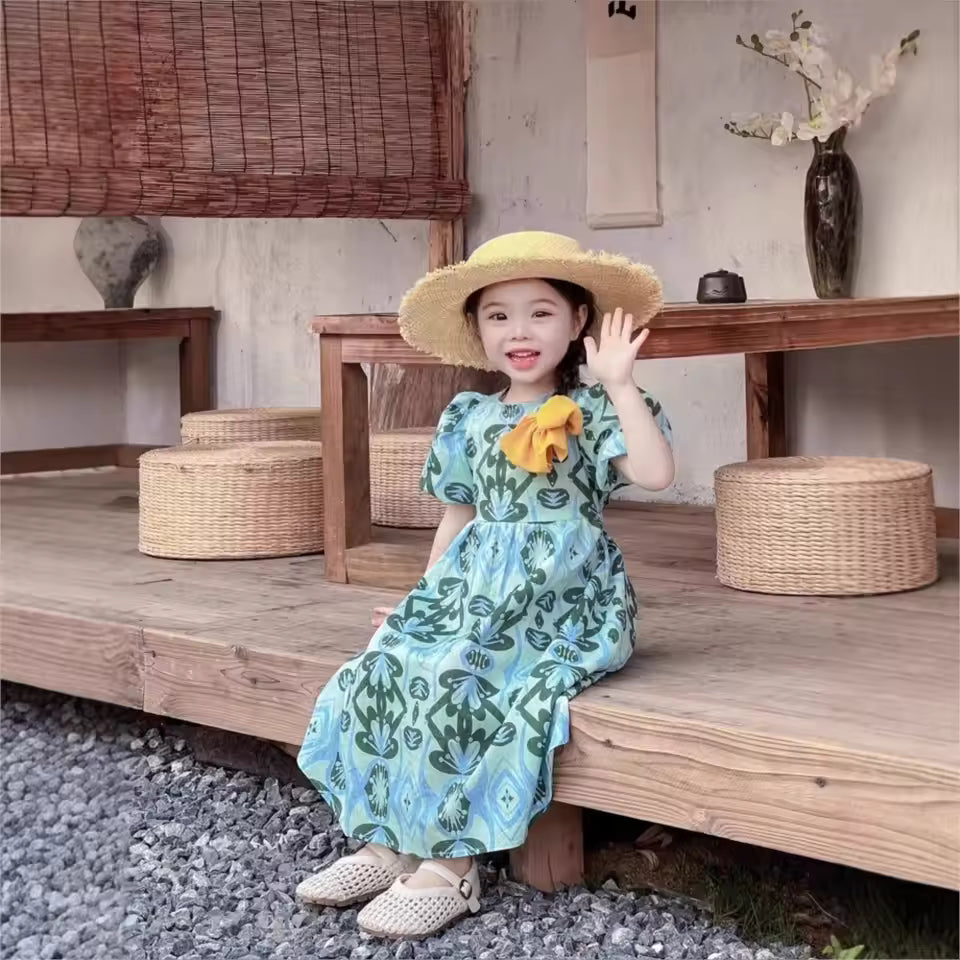 Korean Girls Baby Cotton Floral Dresses Fashion Kids Puff Sleeves Backless Children Birthday Vestidos Clothes Vetement 25