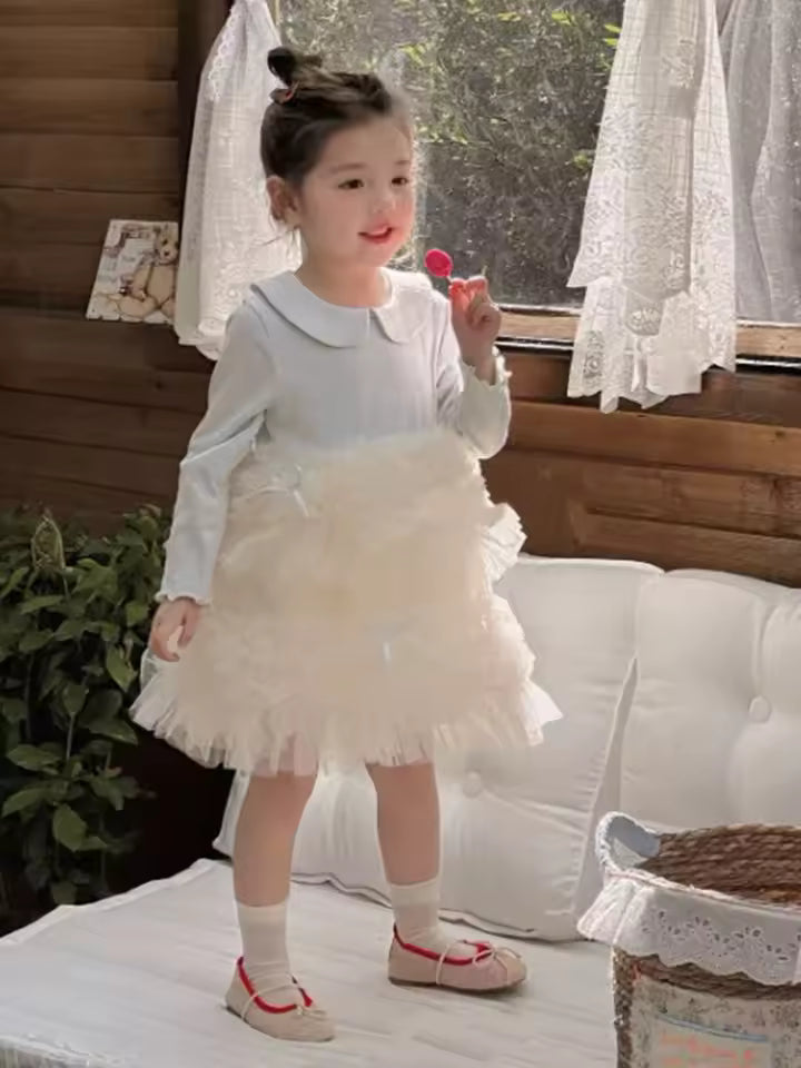 Baby Girls Autumn Dress New Mesh Splicing Bowknot Kids Baby Girls Dress Peter Pan Collar Long Sleeves Toddler Girls Puffy Dress