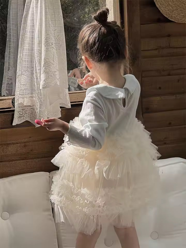 Baby Girls Autumn Dress New Mesh Splicing Bowknot Kids Baby Girls Dress Peter Pan Collar Long Sleeves Toddler Girls Puffy Dress
