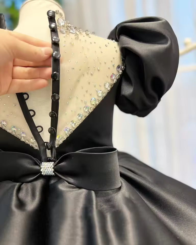 Customized Black Flower Girl Dress For Wedding Beaded Puffy Knee Length Baby Kids Birthday Pageant First Communion Gown