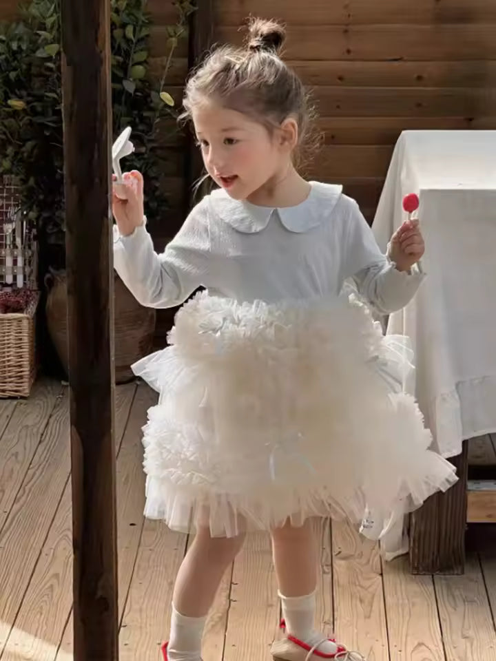 Baby Girls Autumn Dress New Mesh Splicing Bowknot Kids Baby Girls Dress Peter Pan Collar Long Sleeves Toddler Girls Puffy Dress