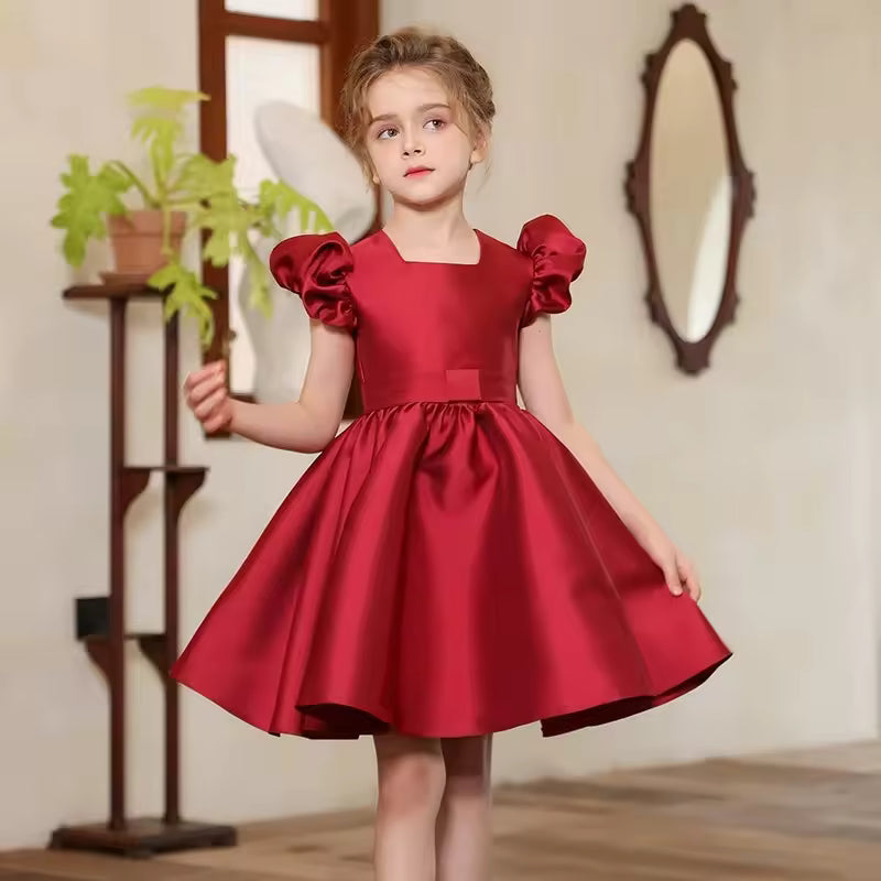 Sweet Girls Red Evening Party Dress Princess Kids Wedding Photograph Dress Little Fairy Children Formal Gown Stage Show Costume