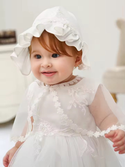 Sleeveless Hood Cloak Soft Satin Floral Embroidered Lace Wedding Party Princess Baby Dress Set