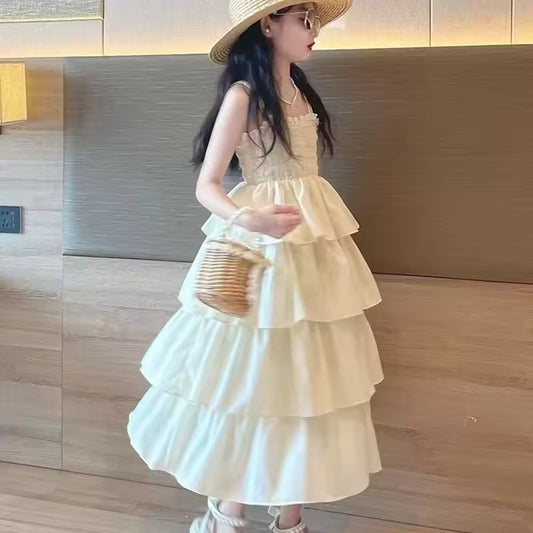 4 5 6 8 10 12 Years Girls Dress Summer Solid Color Sleeveless Fashion Girls Cake Dress Birthday Gifts New Children's Clothing