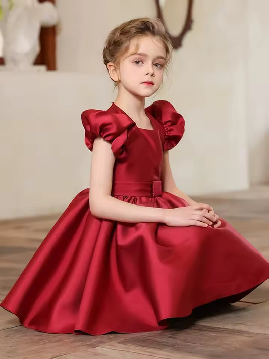 Sweet Girls Red Evening Party Dress Princess Kids Wedding Photograph Dress Little Fairy Children Formal Gown Stage Show Costume