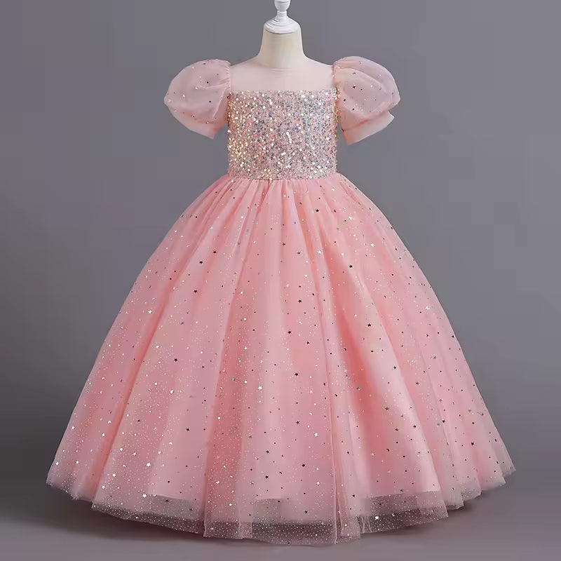 8903 Children's Dress Girls' Princess Sequin Bubble Sleeve Long Mesh Flower Little Girl Wedding For Summer