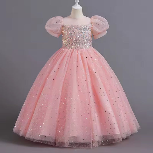 8903 Children's Dress Girls' Princess Sequin Bubble Sleeve Long Mesh Flower Little Girl Wedding For Summer