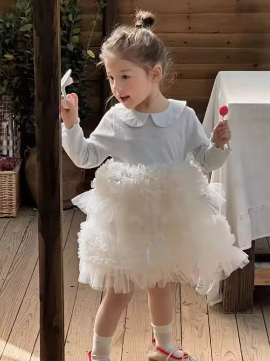 Baby Girls Autumn Dress New Mesh Splicing Bowknot Kids Baby Girls Dress Peter Pan Collar Long Sleeves Toddler Girls Puffy Dress