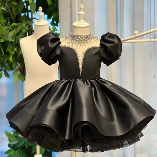 Customized Black Flower Girl Dress For Wedding Beaded Puffy Knee Length Baby Kids Birthday Pageant First Communion Gown