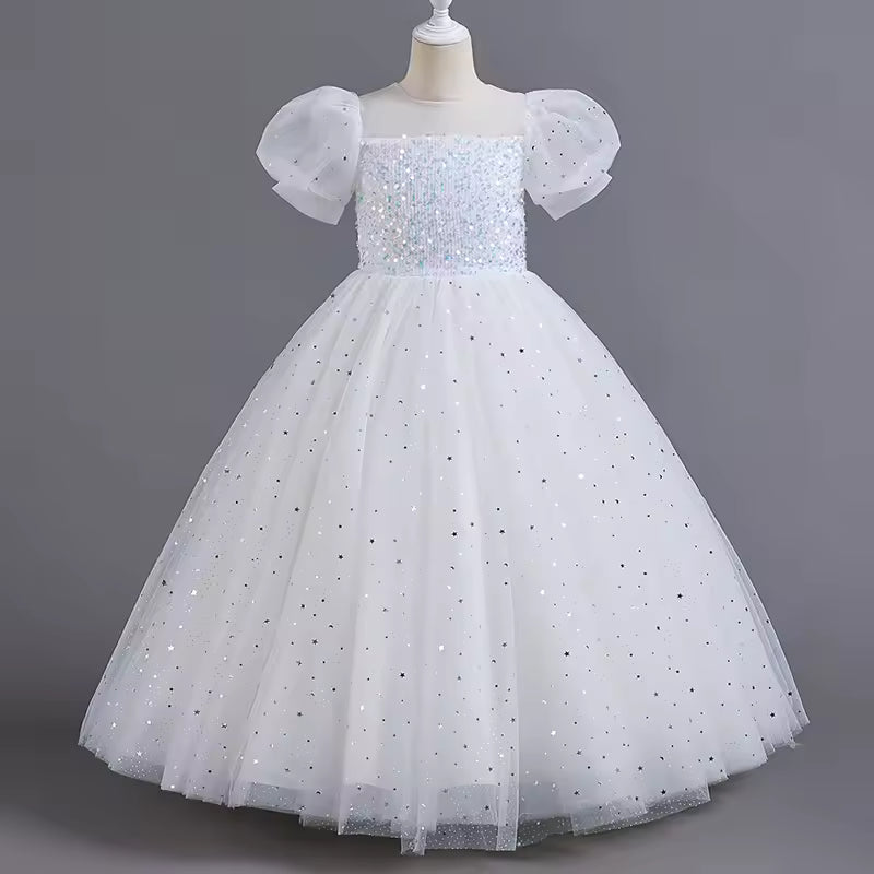 8903 Children's Dress Girls' Princess Sequin Bubble Sleeve Long Mesh Flower Little Girl Wedding For Summer