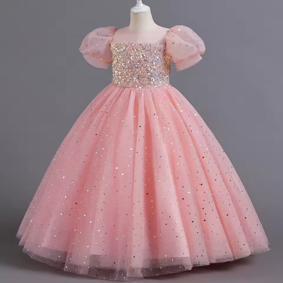 8903 Children's Dress Girls' Princess Sequin Bubble Sleeve Long Mesh Flower Little Girl Wedding For Summer