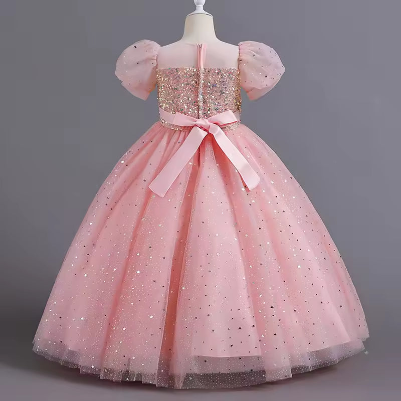 8903 Children's Dress Girls' Princess Sequin Bubble Sleeve Long Mesh Flower Little Girl Wedding For Summer