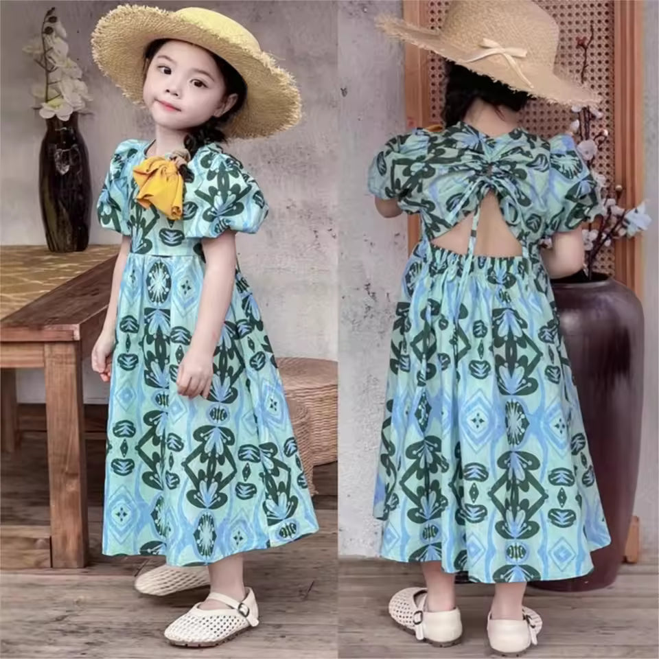 Korean Girls Baby Cotton Floral Dresses Fashion Kids Puff Sleeves Backless Children Birthday Vestidos Clothes Vetement 25