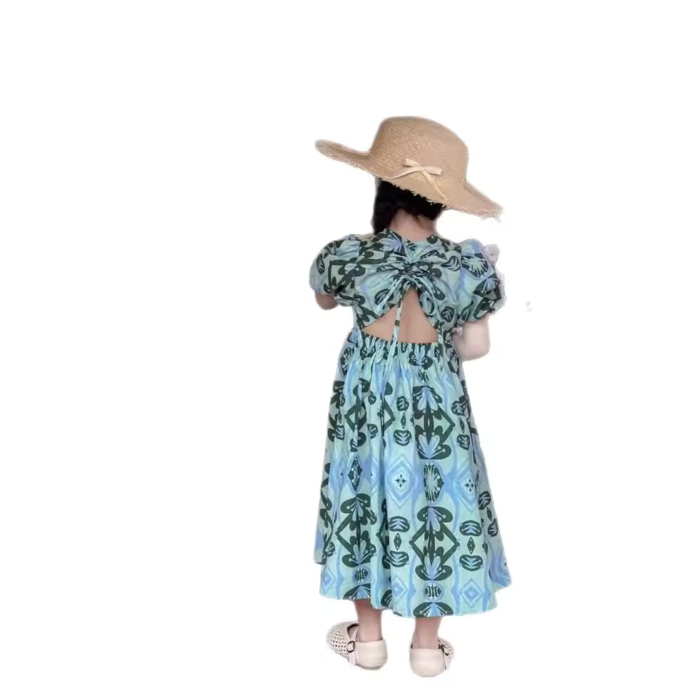 Korean Girls Baby Cotton Floral Dresses Fashion Kids Puff Sleeves Backless Children Birthday Vestidos Clothes Vetement 25