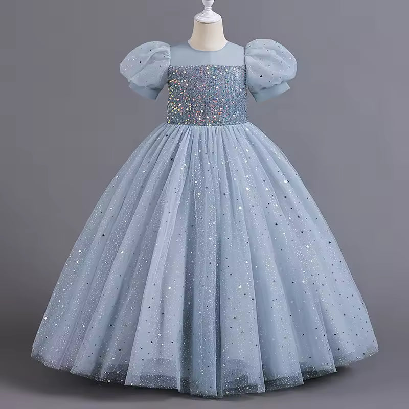 8903 Children's Dress Girls' Princess Sequin Bubble Sleeve Long Mesh Flower Little Girl Wedding For Summer